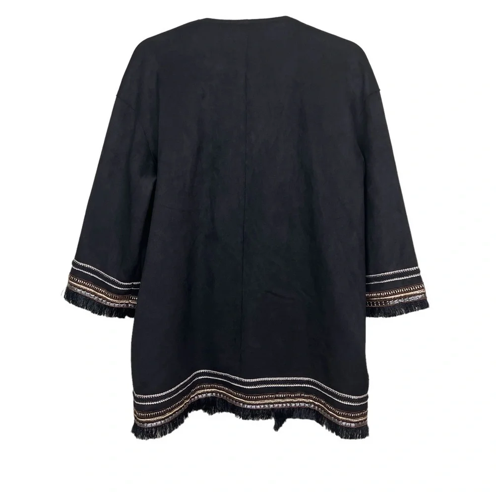 ZARA Combination Faux Suede Embroidered Fringe Hem Jacket Black